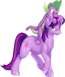 Size: 1003x1186 | Tagged: safe, artist:fizzy-dog, character:spike, character:twilight sparkle, character:twilight sparkle (unicorn), species:dragon, species:pony, species:unicorn, dragons riding ponies, duo, female, male, mare, riding, spikelove