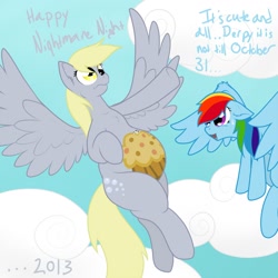 Size: 1280x1280 | Tagged: safe, artist:m-p-l, character:derpy hooves, character:rainbow dash, species:pegasus, species:pony, costume, female, flying, mare, muffin, pregnant