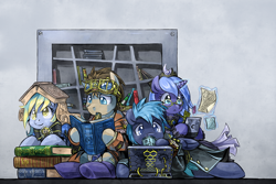 Size: 1000x667 | Tagged: safe, artist:saturnspace, character:derpy hooves, character:doctor whooves, character:princess luna, character:star hunter, character:time turner, species:alicorn, species:earth pony, species:pegasus, species:pony, clockwise whooves, book, clothing, female, jack harkness, male, mare, reading