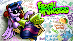 Size: 1920x1080 | Tagged: safe, artist:dori-to, character:trixie, character:twilight sparkle, character:twilight sparkle (alicorn), species:alicorn, species:pony, clothing, crossover, doodles, female, fresh princess of friendship, hilarious in hindsight, mare, sharknado, socks, solo, striped socks, taco, the fresh prince of bel-air, wallpaper