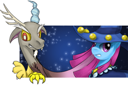 Size: 1024x690 | Tagged: safe, artist:saturnspace, character:discord, character:star swirl, clothing, duo, hat