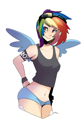 Size: 1819x2677 | Tagged: safe, artist:wicklesmack, character:rainbow dash, species:human, belly button, clothing, female, freckles, humanized, light skin, midriff, shorts, simple background, smiling, solo, transparent background, vector, winged humanization