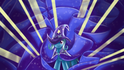 Size: 1280x720 | Tagged: safe, artist:saturnspace, character:trixie, species:pony, species:unicorn, g4, cape, cloak, clothing, crepuscular rays, featured on derpibooru, female, hat, lights, looking at you, magic, mare, photoshop, shiny, smiling, solo, trixie's cape, trixie's hat