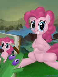 Size: 1500x2000 | Tagged: safe, artist:deathpwny, character:gummy, character:pinkie pie, species:earth pony, species:pony, female, fine art parody, mare, mona lisa, paintbrush, painting, parody, sitting