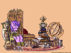 Size: 1000x750 | Tagged: dead source, safe, artist:saturnspace, character:amethyst star, character:sparkler, species:pony, species:unicorn, armillary sphere, book, bookcase, chair, clock, clothing, erlenmeyer flask, female, glass, glasses, hourglass, jar, mare, mortar and pestle, retort, rug, simple background, sitting, sleeping, socks, striped socks, test tube, vase, vest
