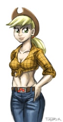 Size: 521x1000 | Tagged: safe, artist:pluckyninja, character:applejack, species:human, belly button, breasts, busty applejack, clothing, female, front knot midriff, humanized, midriff, simple background, solo