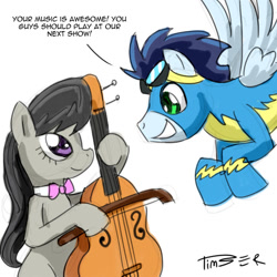 Size: 894x894 | Tagged: safe, artist:pluckyninja, character:octavia melody, character:soarin', species:earth pony, species:pegasus, species:pony, bipedal, cello, goggles, musical instrument, simple background, white background, wonderbolts uniform