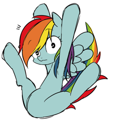 Size: 748x806 | Tagged: safe, artist:umeguru, character:rainbow dash, species:pegasus, species:pony, featureless crotch, female, mare, solo, stretching, surprised, wide eyes