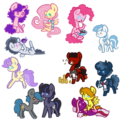 Size: 1100x1100 | Tagged: safe, artist:otterlore, character:alula, character:fluttershy, character:pinkie pie, character:pluto, character:princess erroria, character:rumble, character:star hunter, oc, species:alicorn, species:pony, alicorn oc, bowl, chibi, clothing, coin, cute, hot chocolate, jack harkness, pluto, request, scarf, spoon, vest, yarn