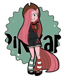 Size: 688x764 | Tagged: safe, artist:umeguru, character:pinkamena diane pie, character:pinkie pie, species:anthro, species:unguligrade anthro, ambiguous facial structure, clothing, country pie, cowboy hat, female, hat, mary janes, pixiv, scene interpretation, smiling, solo, swapped cutie marks, what my cutie mark is telling me