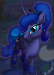 Size: 1423x2000 | Tagged: safe, artist:deathpwny, character:princess luna, bow, female, lake, leg wraps, moon, ponytail, solo, stars, water