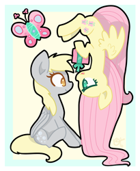 Size: 900x1100 | Tagged: safe, artist:otterlore, character:derpy hooves, character:fluttershy, species:pegasus, species:pony, ship:derpyshy, bubble, butterfly, cute, eye contact, female, gift giving, lesbian, looking at each other, mare, present, profile, shipping, upside down