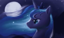 Size: 2000x1200 | Tagged: safe, artist:bluedrg19, character:princess luna, species:alicorn, species:pony, g4, bust, female, full moon, horn, jewelry, mare, moon, portrait, profile, regalia, smiling, solo, tiara