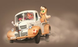 Size: 2000x1200 | Tagged: safe, artist:bluedrg19, character:apple bloom, character:applejack, character:big mcintosh, species:earth pony, species:pony, g4, applejack truck, car, cutie mark on vehicle, dodge (car), driving, female, filly, male, mare, stallion, truck