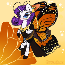 Size: 900x900 | Tagged: safe, artist:otterlore, character:rarity, antennae, beautiful, butterfly, clothing, costume, dress, earring, female, halloween, makeup, monster pony, nightmare night, original species, pretty, solo, species swap, spider, spiderpony, spiderponyrarity, wings