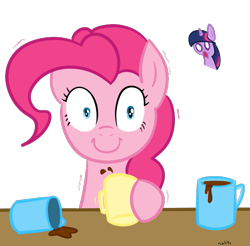 Size: 723x712 | Tagged: safe, artist:elslowmo, artist:nasse, character:pinkie pie, character:twilight sparkle, c:, coffee, d:, female, looking at you, morning ponies, pinkie found the coffee, shocked, simple background, smiling, this will end in tears, transparent background, wide eyes, xk-class end-of-the-world scenario