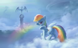 Size: 1280x800 | Tagged: safe, artist:bluedrg19, character:rainbow dash, species:pegasus, species:pony, g4, bedroom eyes, cloud, cloudsdale, cloudy, cutie mark, female, looking at you, looking back, looking back at you, mare, on a cloud, plot, rainbow, raised hoof, smiling, smirk, solo, spread wings, standing on a cloud, statue, wings