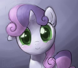 Size: 1370x1200 | Tagged: safe, artist:bluedrg19, character:sweetie belle, species:pony, species:unicorn, g4, blushing, c:, colored pupils, cute, diasweetes, female, filly, floppy ears, gradient background, happy, looking at you, smiling, solo