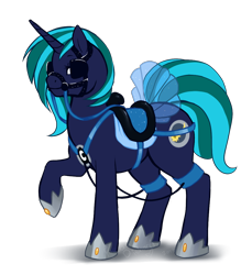 Size: 1010x1101 | Tagged: dead source, safe, artist:revadiehard, oc, oc only, oc:moonlight silk, species:pony, species:unicorn, bit, blinders, breast collar, bridle, clothing, dress, harness, hoof shoes, raised hoof, reins, saddle, simple background, solo, tack, transparent background
