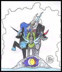 Size: 570x667 | Tagged: safe, artist:drpain, character:discord, character:king sombra, character:nightmare moon, character:princess luna, character:queen chrysalis, cave, statue, super metroid