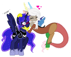 Size: 900x716 | Tagged: dead source, safe, artist:jaquelindreamz, character:discord, character:princess luna, oc:eris, species:alicorn, species:draconequus, species:pony, ship:lunacord, arteris, blushing, female, male, pomf, prince artemis, rule 63, shipping, simple background, spread wings, straight, wingboner, wings