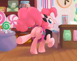 Size: 1100x880 | Tagged: safe, artist:ajin, character:pinkie pie, species:earth pony, species:pony, adorasexy, bow, candy, clothing, cute, diapinkes, dock, female, happy, hoof popping, indoors, interior, looking at you, looking back, looking back at you, mare, miniskirt, open mouth, pinkie pie's boutique, plot, raised hoof, raised leg, sexy, shop, shopkeeper, skirt, smiling, solo, sugarcube corner, sweets, underhoof, upskirt