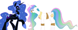 Size: 1582x618 | Tagged: safe, artist:elslowmo, character:nightmare moon, character:princess celestia, character:princess luna, species:alicorn, species:pony, bondage, bound wings, eyeshadow, floppy ears, glare, grin, muzzle, smiling, standing, unsexy bondage