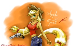 Size: 1052x662 | Tagged: safe, artist:thedrunkcoyote, character:applejack, species:anthro, applebutt, clothing, female, gun, jeans, no trigger discipline, pants, pistol, revolver, solo, weapon