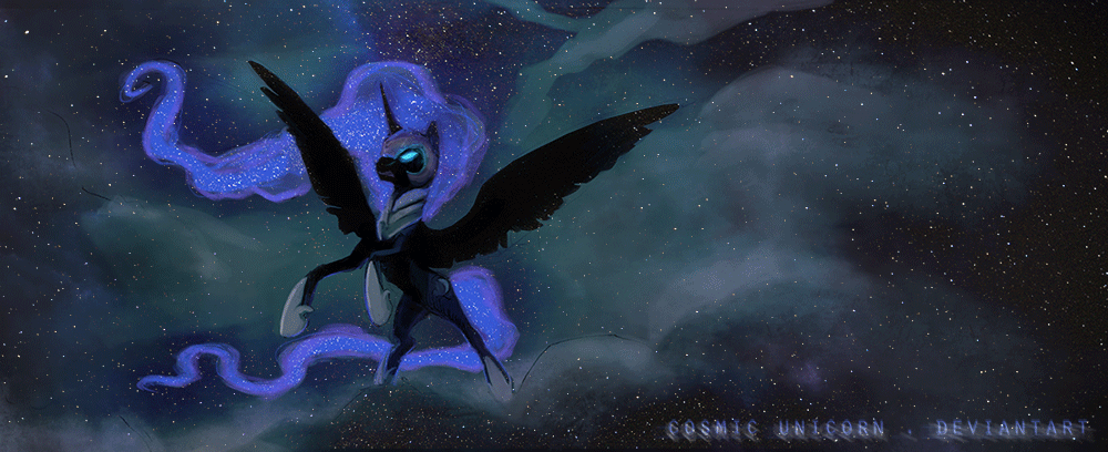 Size: 1000x408 | Tagged: safe, artist:cosmicunicorn, character:nightmare moon, character:princess luna, animated, cloud, cloudy, ethereal mane, female, galaxy mane, night, rearing, sky, solo, spread wings, stars, wings