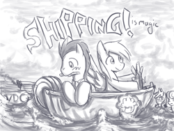 Size: 800x600 | Tagged: safe, artist:saturnspace, character:bon bon, character:derpy hooves, character:doctor whooves, character:lyra heartstrings, character:sweetie drops, character:time turner, species:pegasus, species:pony, species:sea pony, ship:doctorderpy, boat, female, male, mare, monochrome, pun, seapony lyra, shipping, straight