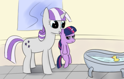 Size: 711x455 | Tagged: safe, artist:rustydooks, artist:tggeko, character:twilight sparkle, character:twilight velvet, annoyed, bath, behaving like a cat, cute, filly, filly twilight sparkle, forced bathing, frown, imminent bath, like mother like daughter, mother and daughter, mothers gonna mother, mouth hold, rubber duck, scruff, smiling, twilight is not amused