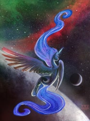 Size: 800x1078 | Tagged: safe, artist:cosmicunicorn, character:princess luna, species:alicorn, species:pony, g4, female, flying, long hair, long mane, long tail, mare, moon, nebula, pretty, rear view, solo, space, stars