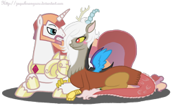 Size: 2026x1304 | Tagged: dead source, safe, artist:jaquelindreamz, character:discord, character:princess celestia, oc:eris, species:alicorn, species:pony, ship:dislestia, blushing, crossed hooves, female, lidded eyes, looking at each other, male, prince solaris, prone, rule 63, shipping, simple background, smiling, soleris, spread wings, straight, transparent background, wings