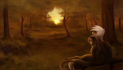 Size: 1600x915 | Tagged: safe, artist:cosmicunicorn, character:fluttershy, character:gilda, species:griffon, species:pegasus, species:pony, ship:gildashy, bench, female, lesbian, mare, park, shipping, sitting, sun, tree