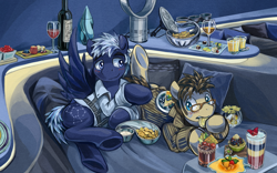 Size: 1280x800 | Tagged: safe, artist:saturnspace, character:doctor whooves, character:star hunter, character:time turner, blushing, butt grab, clothing, drink, eating, fondling, food, gay, glasses, grope, interior, jack harkness, male