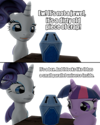 Size: 960x1203 | Tagged: safe, artist:pinkie diane roosevelt phd, character:rarity, character:twilight sparkle, episode:princess twilight sparkle, g4, my little pony: friendship is magic, 3d, comic, gmod, mystery box of plot importance, reference, the amazing screw-on head, vulgar