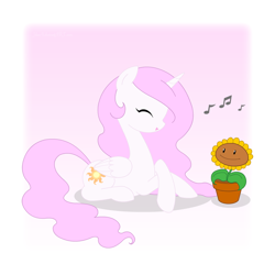 Size: 1000x1000 | Tagged: safe, artist:jdan-s, character:princess celestia, species:alicorn, species:pony, abstract background, cewestia, crossover, female, filly, flower, mare, music notes, pink-mane celestia, plants vs zombies, prone, simple background, smiling, sunflower, white background, younger