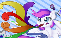 Size: 1600x1000 | Tagged: source needed, safe, artist:lustrous-dreams, oc, oc only, oc:blank canvas, species:pegasus, species:pony, bronycon mascots, mouth hold, paint, paint on feathers, paint on fur, paintbrush, solo