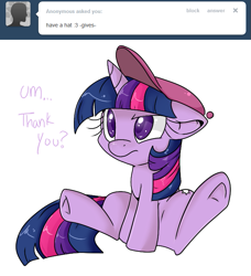 Size: 653x715 | Tagged: safe, artist:lustrous-dreams, character:twilight sparkle, species:pony, species:unicorn, ask filly twilight, cap, clothing, filly, hat, tara strong, the fairly oddparents, timmy turner, voice actor joke
