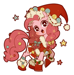 Size: 660x668 | Tagged: safe, artist:umeguru, part of a set, character:pinkie pie, boots, bow, christmas, clothing, cute, diapinkes, dress, female, hat, looking at you, shoes, socks, solo, stars, striped socks, winter