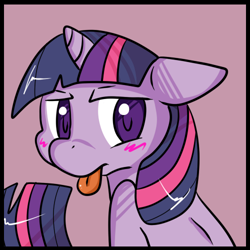 Size: 500x500 | Tagged: safe, artist:lustrous-dreams, character:twilight sparkle, blep, blushing, female, floppy ears, looking at you, looking back, solo, tongue out