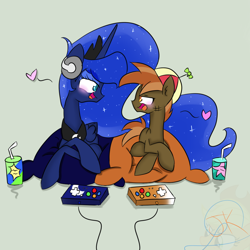 Size: 1000x1000 | Tagged: safe, artist:jankrys00, character:button mash, character:princess luna, species:alicorn, species:earth pony, species:pony, gamer luna, bedroom eyes, blushing, crack shipping, duo, eye contact, female, heart, lunamash, male, mare, older, older button mash, open mouth, pillow, prone, shipping, smiling, stallion, straight