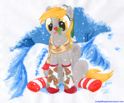 Size: 1194x1000 | Tagged: safe, artist:foxxy-arts, character:derpy hooves, species:pegasus, species:pony, christmas, clothing, female, holiday, holly, holly mistaken for mistletoe, mare, scarf, snow, snowfall, socks, solo, striped socks, traditional art, winter