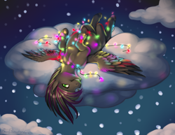 Size: 1650x1275 | Tagged: safe, artist:ask-creme, artist:revadiehard, oc, oc only, oc:rome silvanus, species:pegasus, species:pony, christmas lights, cloud, cloudy, entangled, grin, looking at you, night, on back, smiling, snow, snowfall, snowflake, solo, spread wings, upside down, wings