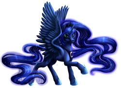 Size: 1500x1091 | Tagged: safe, artist:kittehkatbar, character:princess luna, species:alicorn, species:pony, g4, female, looking at you, mare, princess, raised hoof, simple background, solo, spread wings, transparent background, wings