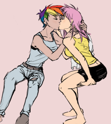 Size: 546x607 | Tagged: safe, artist:allosaurus, artist:ddhew, character:fluttershy, character:rainbow dash, species:human, ship:flutterdash, barefoot, clothing, eyes closed, feet, female, humanized, jeans, kissing, lesbian, light skin, midriff, pants, shipping, shorts, sitting, tank top, torn clothes, younger