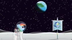 Size: 1191x670 | Tagged: safe, artist:joey, character:rainbow dash, astrodash, astronaut, clothing, equestrian flag, female, flag, hilarious in hindsight, moon, planet, saddle bag, solo, space, space suit