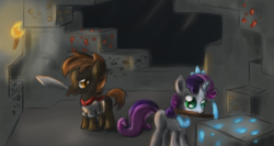 Size: 2700x1440 | Tagged: safe, artist:ardail, character:button mash, character:sweetie belle, species:earth pony, species:pony, species:unicorn, cave, coal, colt, diamond, diamond ore, diamond pickaxe, don't mine at night, female, filly, foal, gold, jewelry, male, minecraft, mining, mouth hold, pickaxe, redstone, sword, tiara, torch, underground