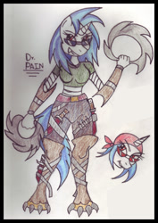 Size: 438x620 | Tagged: safe, artist:drpain, character:dj pon-3, character:vinyl scratch, species:anthro, species:plantigrade anthro, species:pony, species:unicorn, bandana, bipedal, chakra, circlet, traditional art, weapon