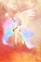 Size: 667x1001 | Tagged: safe, artist:cosmicunicorn, character:princess celestia, species:alicorn, species:pony, abstract background, female, glowing eyes, glowing horn, mare, pretty, solo, spread wings, wings